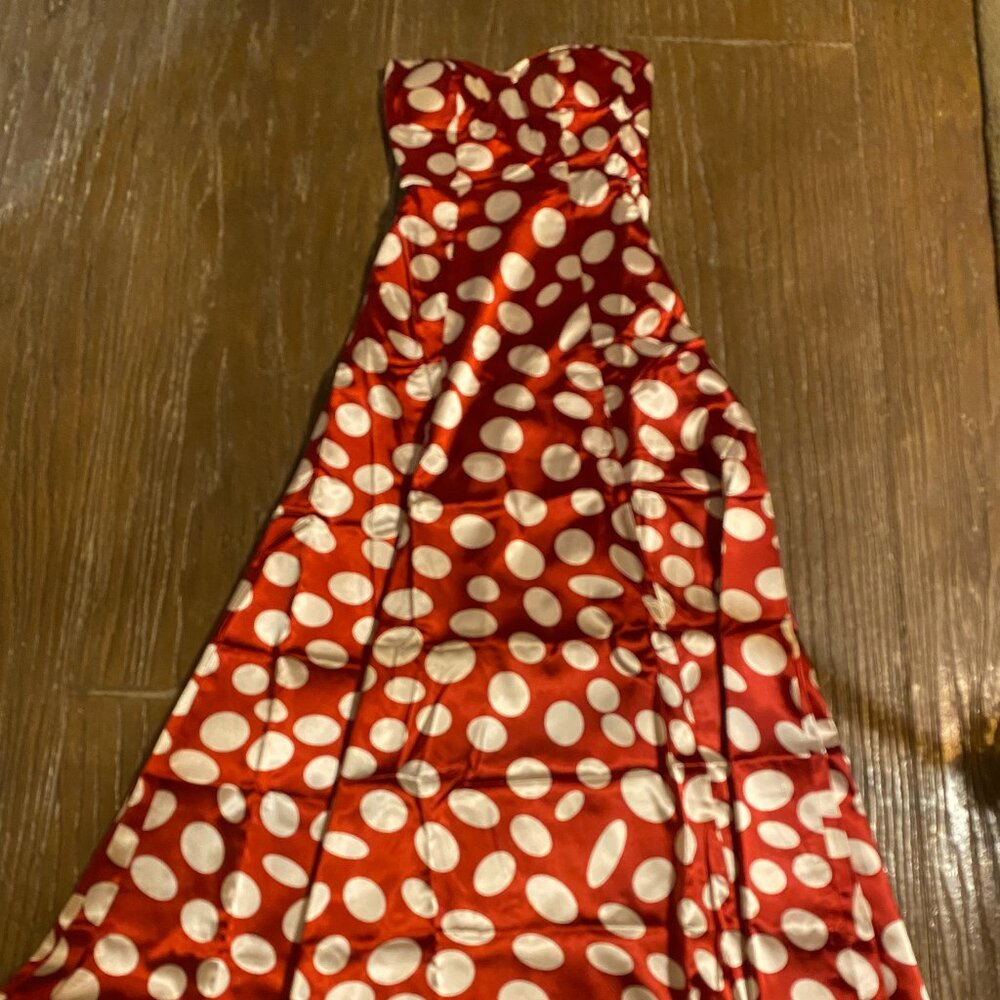 Red & white polka dot strapless long formal dressy dress w/Black sash. Size S